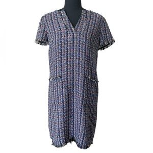Ann Taylor Blue Red Multi Color Tweed Fringe Shift Dress Size 4 Short Sleeve